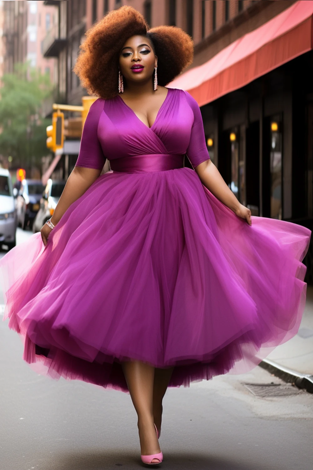 Plus Size Prom Elegant Purple Spring Summer Wrap Neck Short Sleeve Contrast Tulle Midi Dresses