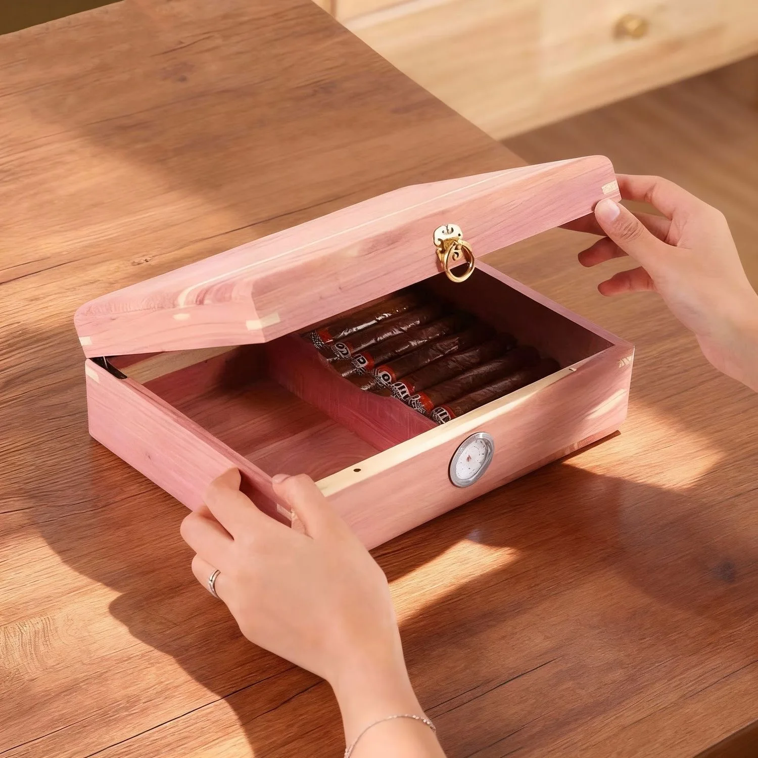 Red Cedar Wood Cigar Box, A Large Capacity Humidifying Cigar Aging Box.