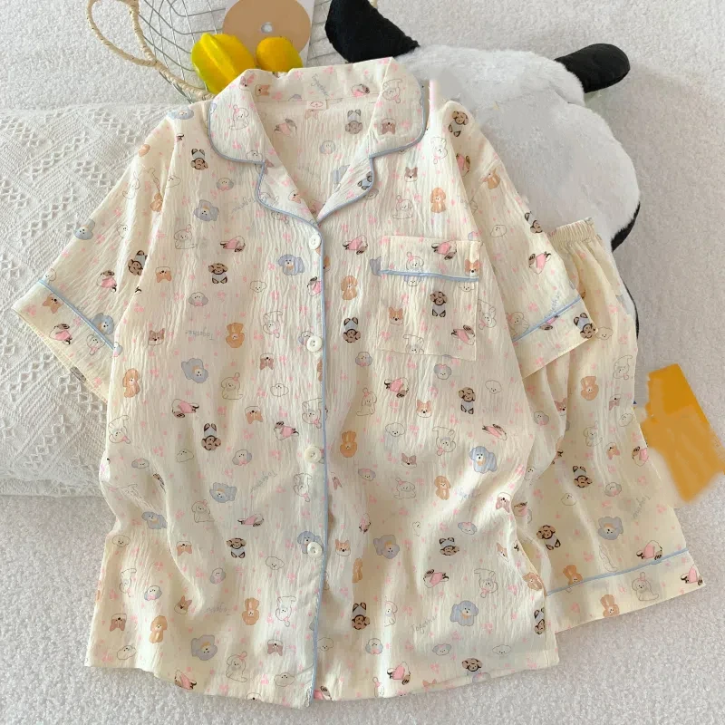 Y2K Dog Print Women's Pajama Set Cute Casual Cartoon 2PC Set Summer New Short Pajamas and Pants for Ladies and Students