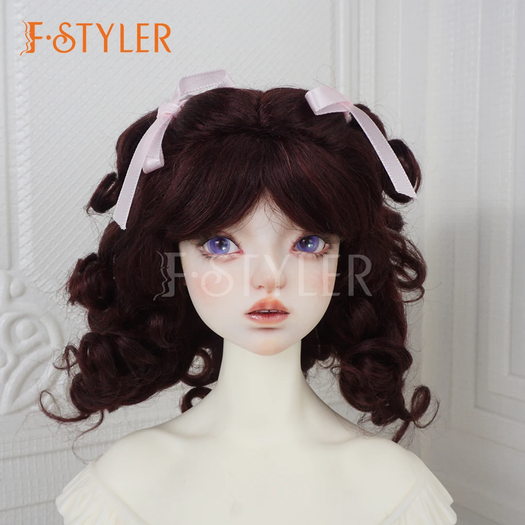 FStyler Mohair Doll Wig for BJD Fluffy Wavy Curly Wig with Bangs Gold Color Brown 5-6 Inch Head Toys Dolls Diy Accessories