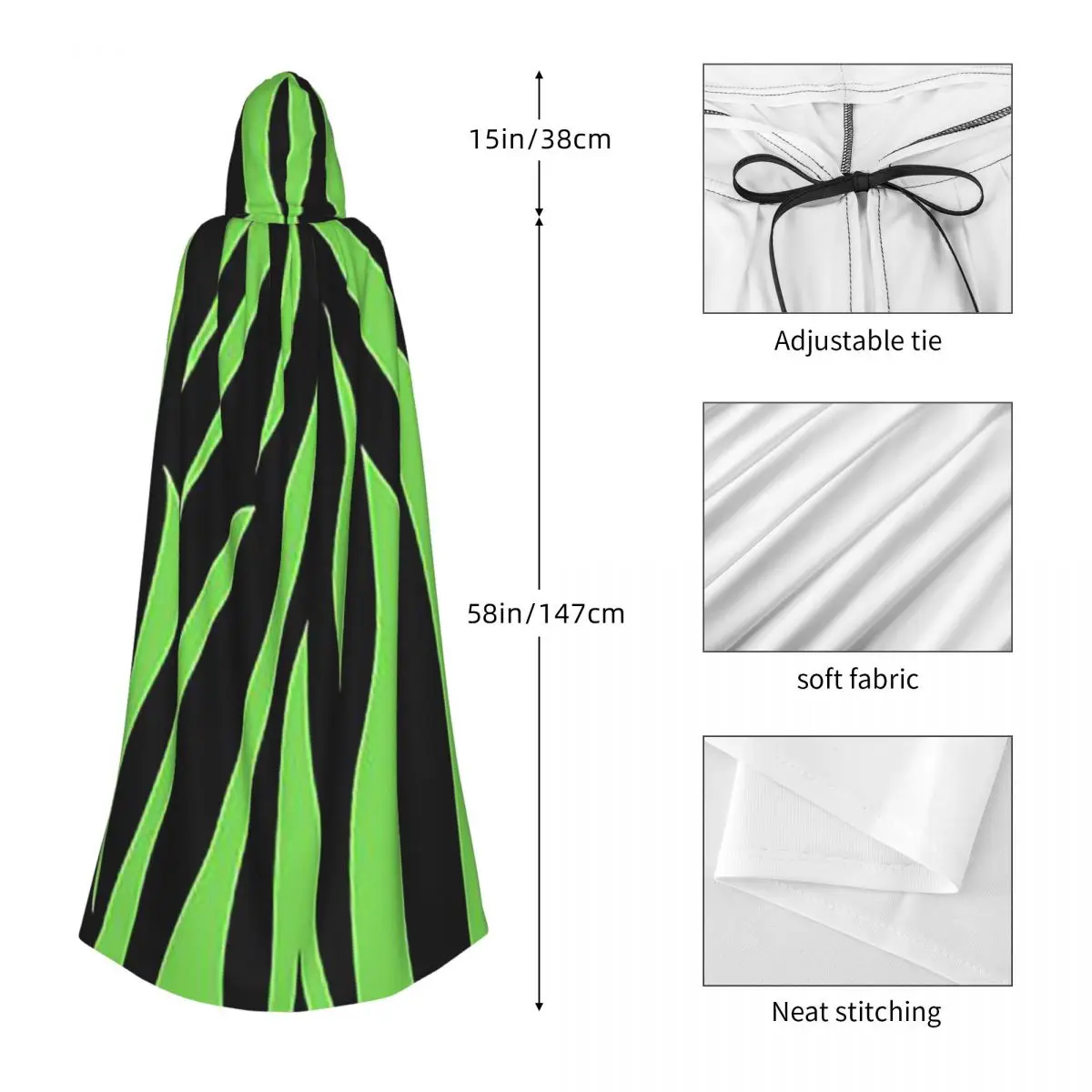 Mantello lungo con cappuccio verde con stampa zebrata Costume medievale da strega Mantello cosplay HalloweenVampiro Adulto unisex