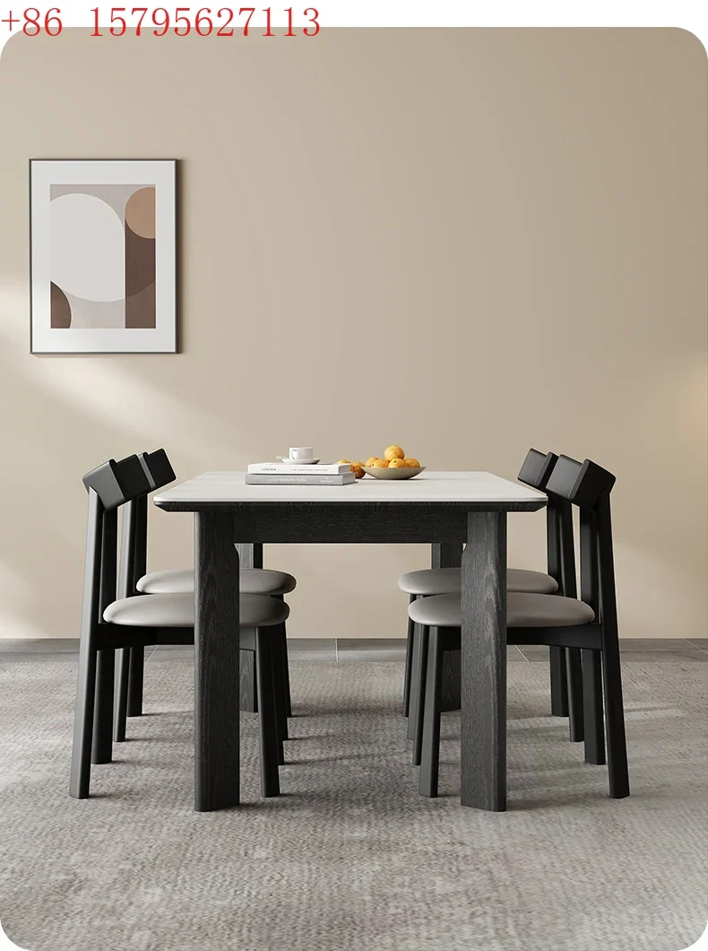 Solid Wood Rock Slab Dining Table Black Household Small Apartment Rectangular Dining Table Matte Rock Slab