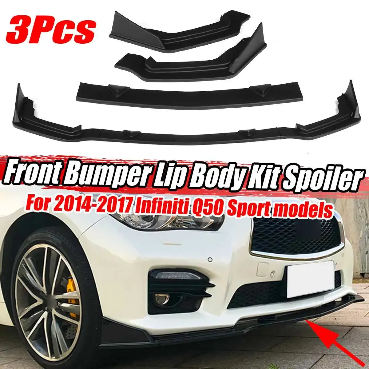 

3Pcs Car Front Bumper Lip Body Kit Spoiler Bumper Splitter Lip Diffuser Protection For Infiniti Q50 Sport 2014-2017 Body Kit