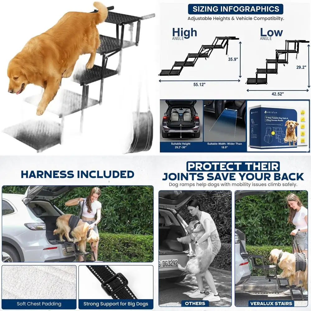 

5-Step Foldable Pet Ladder for Large Dogs - 200lbs Capacity, XL Lift Harness, Non-Slip Steps for SUVs & Trucks