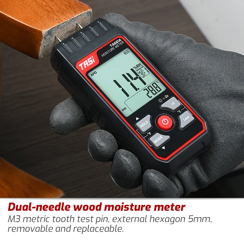 Tasi TA661A Two Pins Digital Wood Moisture Meter Wood Humidity Hygrometer For 7 Material Test LCD Display Timber Damp Detector