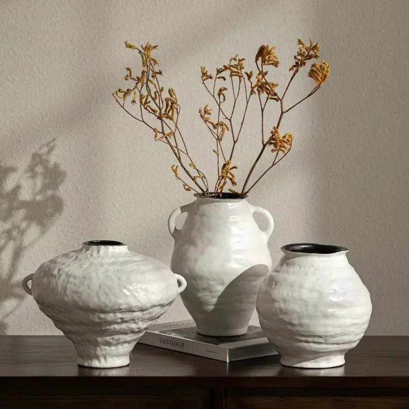 Ceramic Vase White Coarse Earthenware Pot Flower Vase Retro Pot Handmade Ceramic Jar Flower Arrangement Accessories