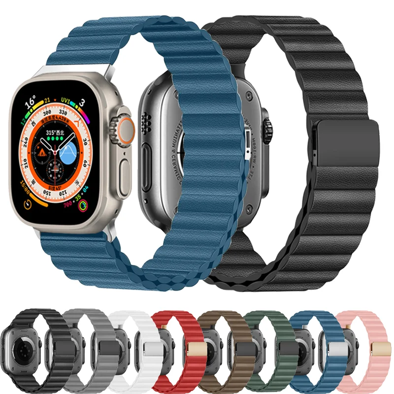 

Ремешок кожаный для Apple watch band 45 мм 44 мм 49 мм 38 мм 42 мм 40 мм 41 45 мм, браслет с магнитной застежкой для iWatch series 8 7 SE 6
