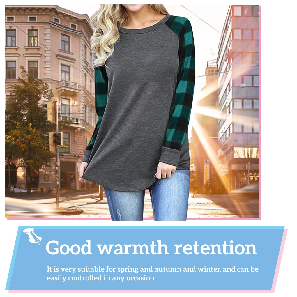 المرأة تي شيرت جولة الرقبة طويلة الأكمام الربط منقوشة عارضة أعلى، الأحمر منقوشة، S