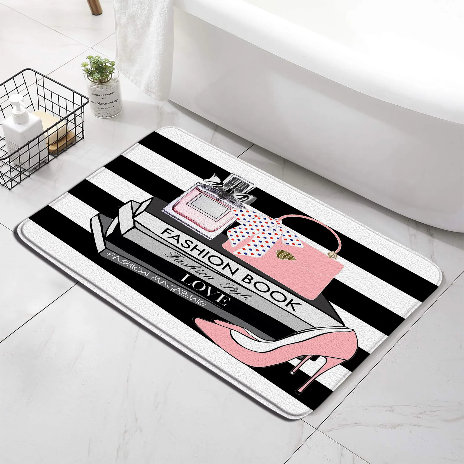 Floral Perfume Bath Mats Fashion High Heel Magazine Paris Tower Black White Striped Doormat Rug Home Bathroom Decor Floor Carpet