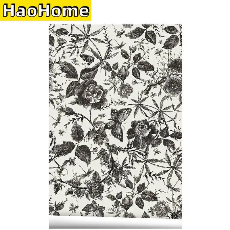 Ink Rose Self Adhesive Wallpaper Black Watercolor Floral Removable Peel and Stick Wallpaper for Bedroom Cabinet Wall Decorations