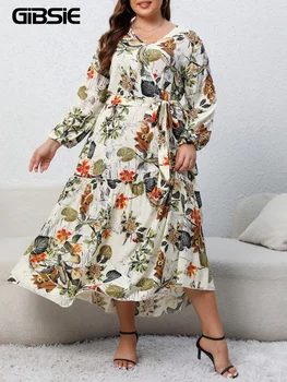 GIBSIE-Vestido feminino com estampa floral plus size com cinto, primavera, férias de outono, casual, manga comprida, decote V, feminino solto, vestidos boho maxi boho