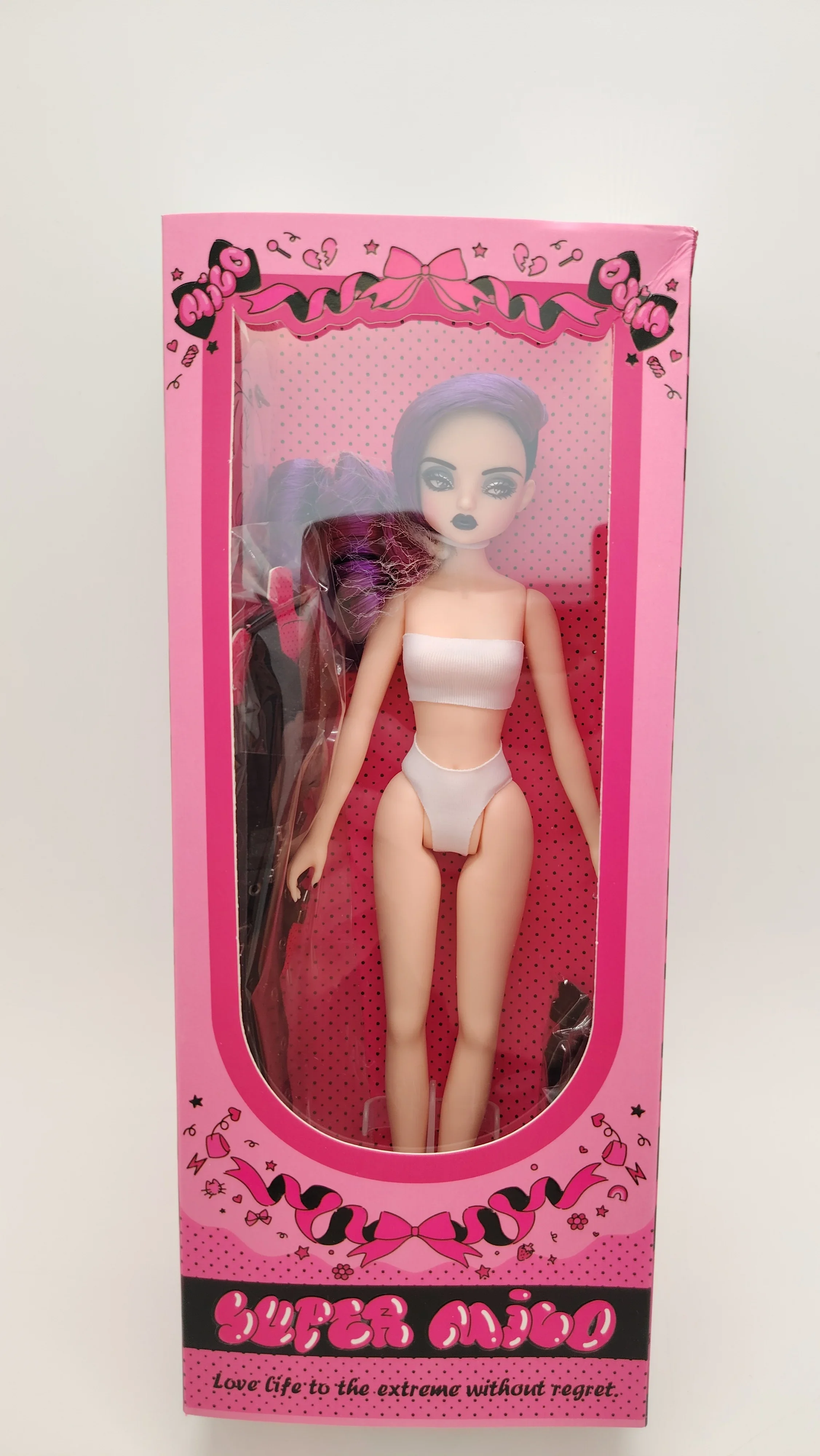 

Fashion Cute Super Mico Collectible Girl Doll 1/6 Scale with Purple Hair And Black Outfit Set