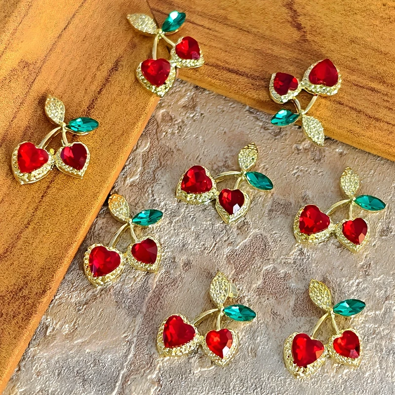 

10PCS 3D Luxury Alloy Nail Art Love Heart cherry Charms Rhinestone Fruit Accessories For Nails Decoration Manicure Supplies Tool