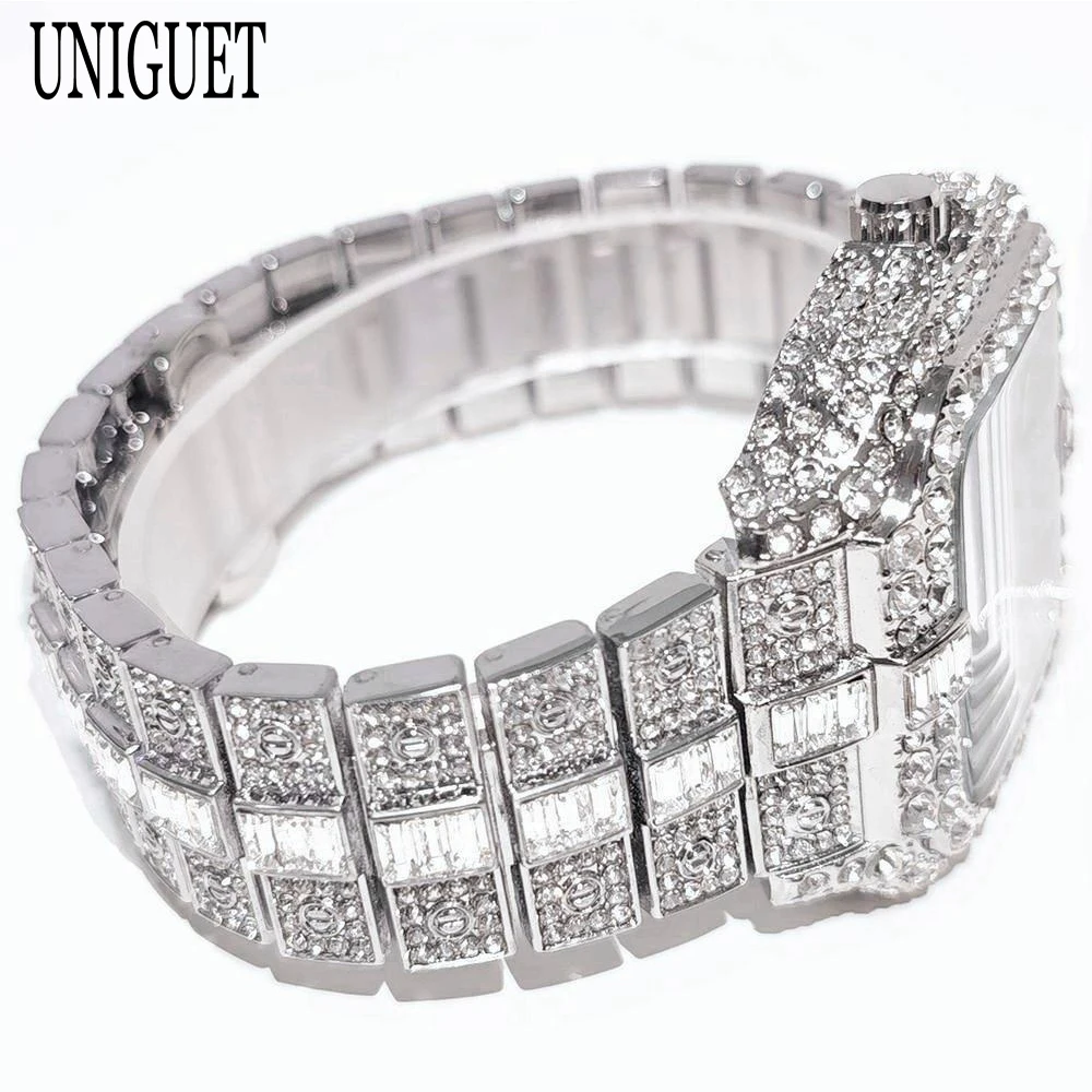 UNIGUET модные ледяные часы для мужчин, роскошные стальные римские буквальные часы в стиле хип-хоп, квадратные кварцевые наручные часы с бриллиантами, мужские дропшиппинг