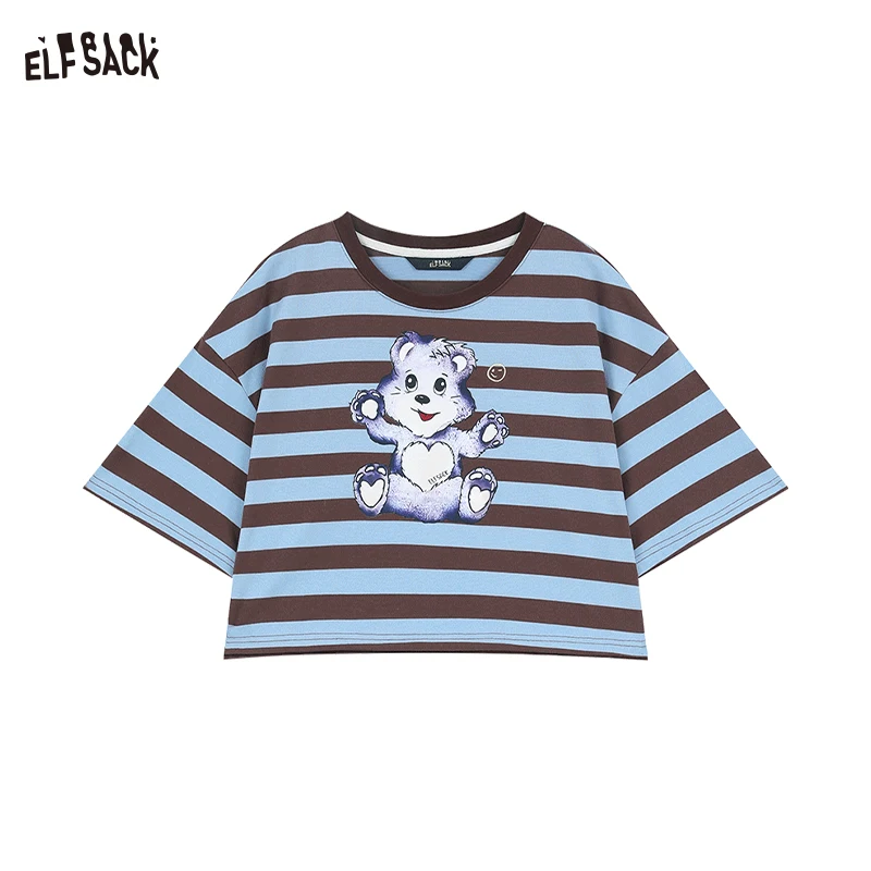 ELFSACK 2024 summer new arrival picnic travel vacation holiday soft comfortable fitted bear print striped short sleeved t-shirt,