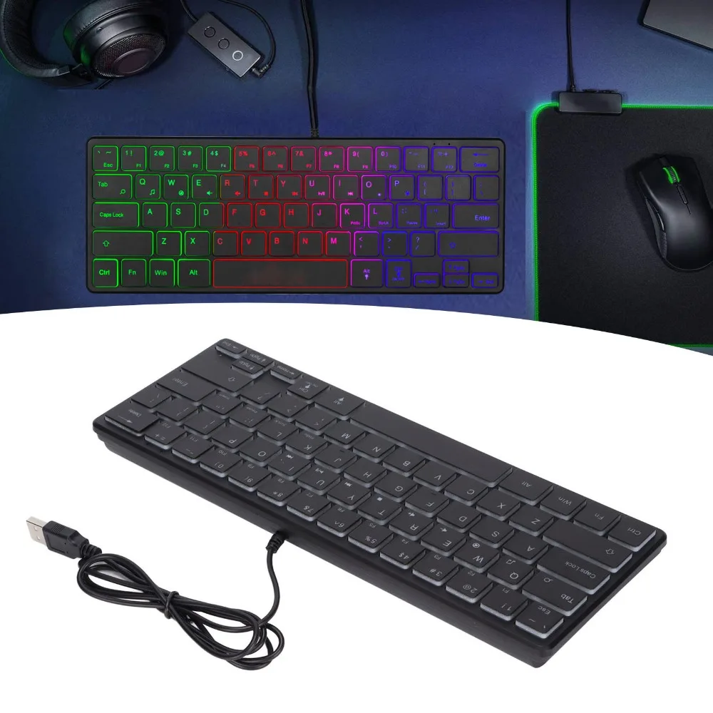 Easy to Carry 64 Keys Wired Gaming Keyboard Plug and Play RGB Backlights Mini Keyboard 3 Backlights USB Keyboard Travel Use