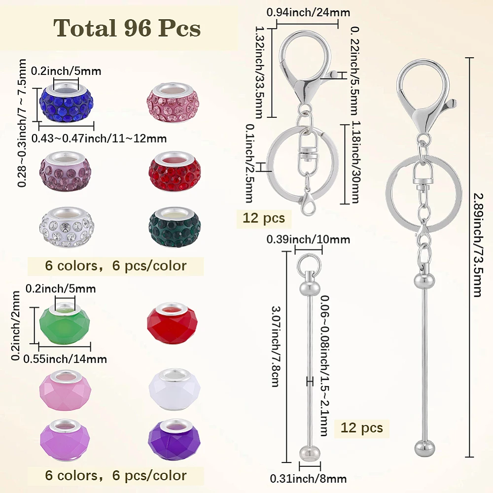 96Pcs Beadable Keychains Making Set Bulk Including 12Pcs Blank Beadable Keychain Bar 12 Clasps with 36 Resin 36 Polymer Clay