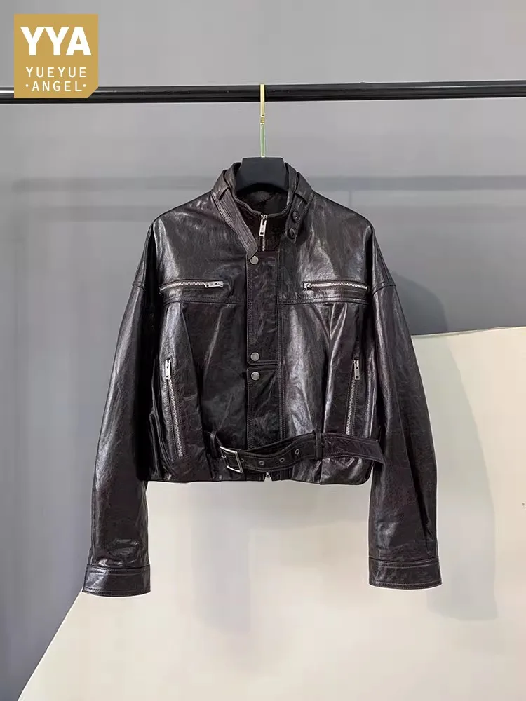 Autunno retrò vera pelle di pecora donna giacca in pelle cerata olio colletto alla coreana giacche da moto corte in vera pelle cerniere soprabito