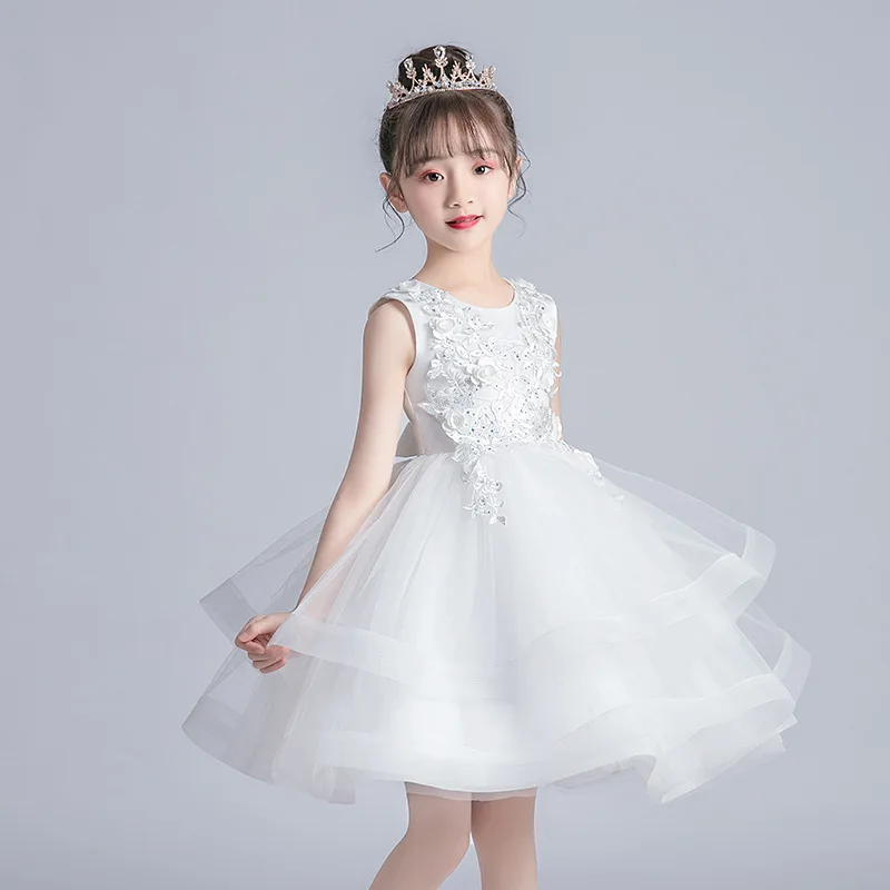 Kids Flower Girls White  Sage Green Tulle Tutu Princess Mini Dress for Birthday Pageant Wedding Party Gown 2-6Y 2023 Summer