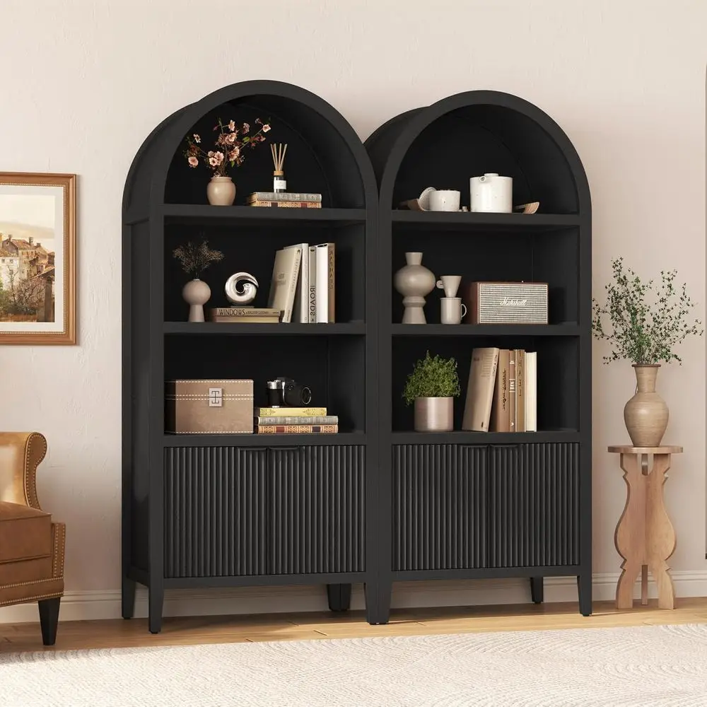 Yusong 71" Tall Arched Bookcase, 5-Tier Arched Bookshel, Black Bookshel, Arch Cabinet Display Cabinet with luted Doand Shelves, view 6