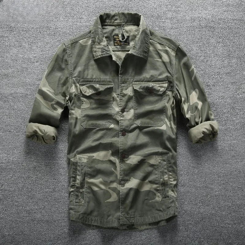 Summer Fashion Multi-pocket Washed Tooling Shirt New Male Jacket Leisure Long-sleeved Shirt Cotton Men Camouflage Shirt Spring