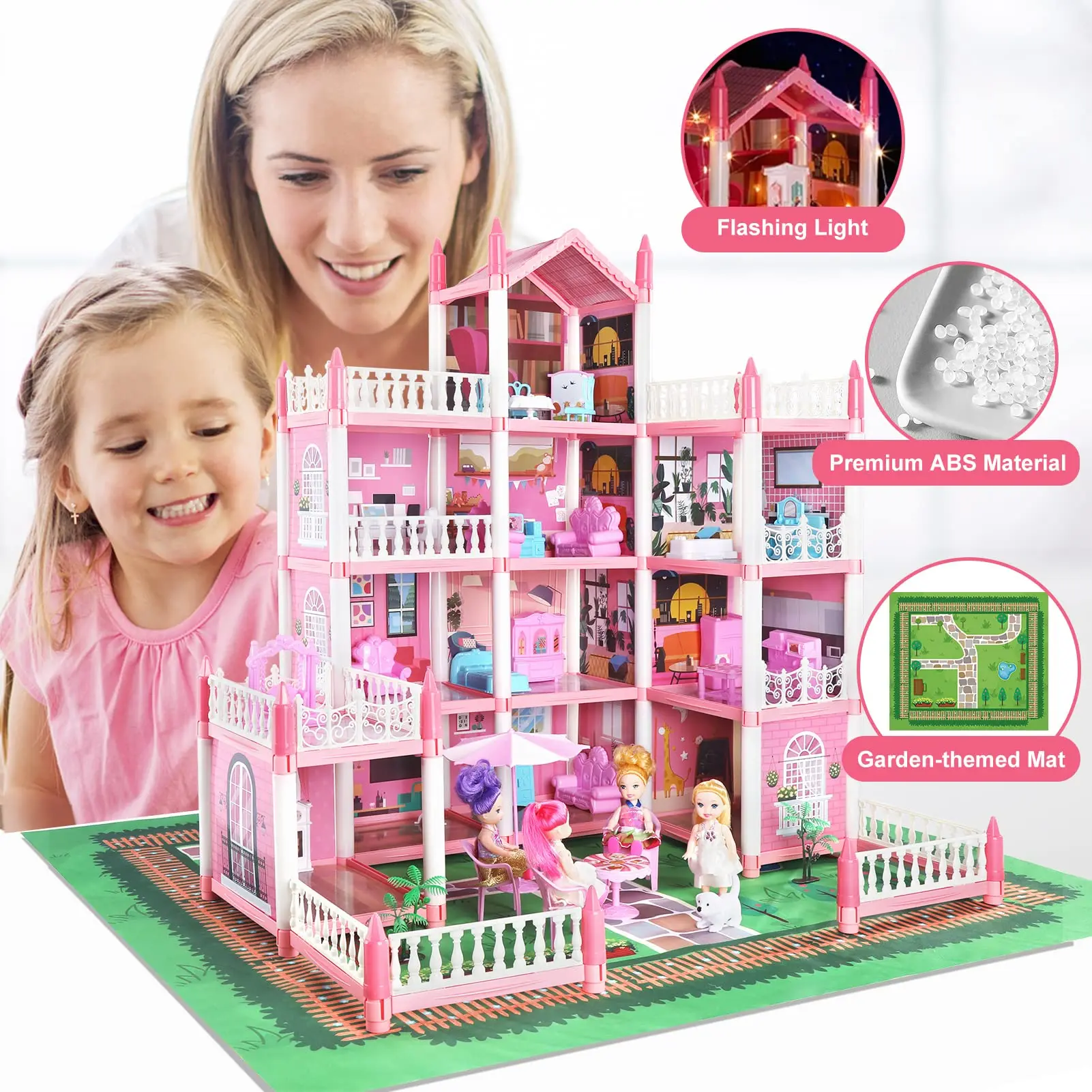 Conjunto de casa de boneca para meninas, brinquedos da casa dos sonhos com 4 móveis, fingir jogar Dreamhouse, bricolage com luz, 4 andares, 11 quartos