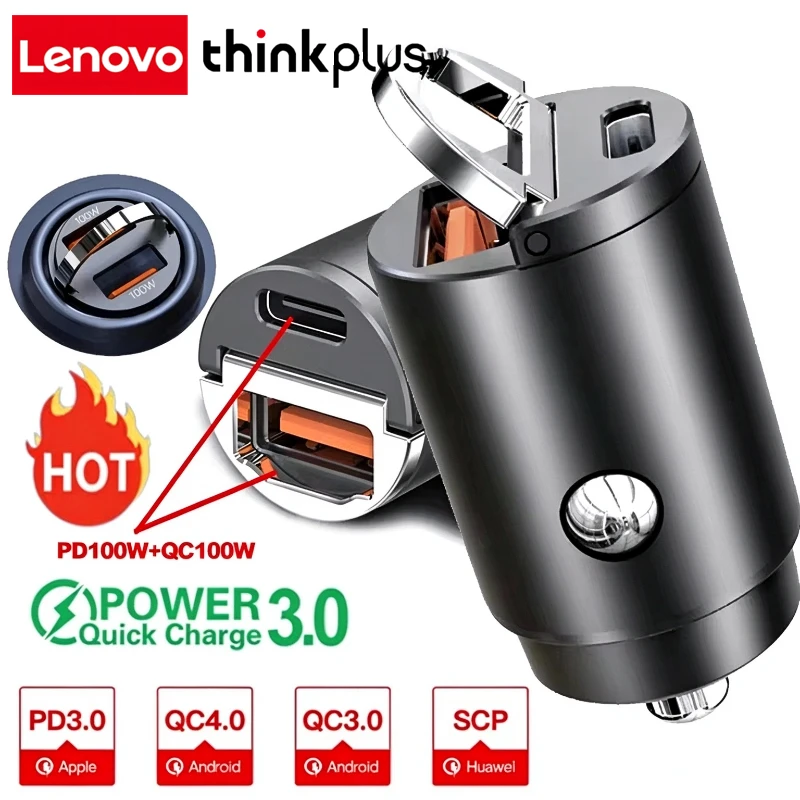 Lenovo Thinkplus 100W/200W QC3.0 PD Car Charger 12-24V Lighter Fast Charging Car USB Type C Charger For Car Huawei IPhone Power