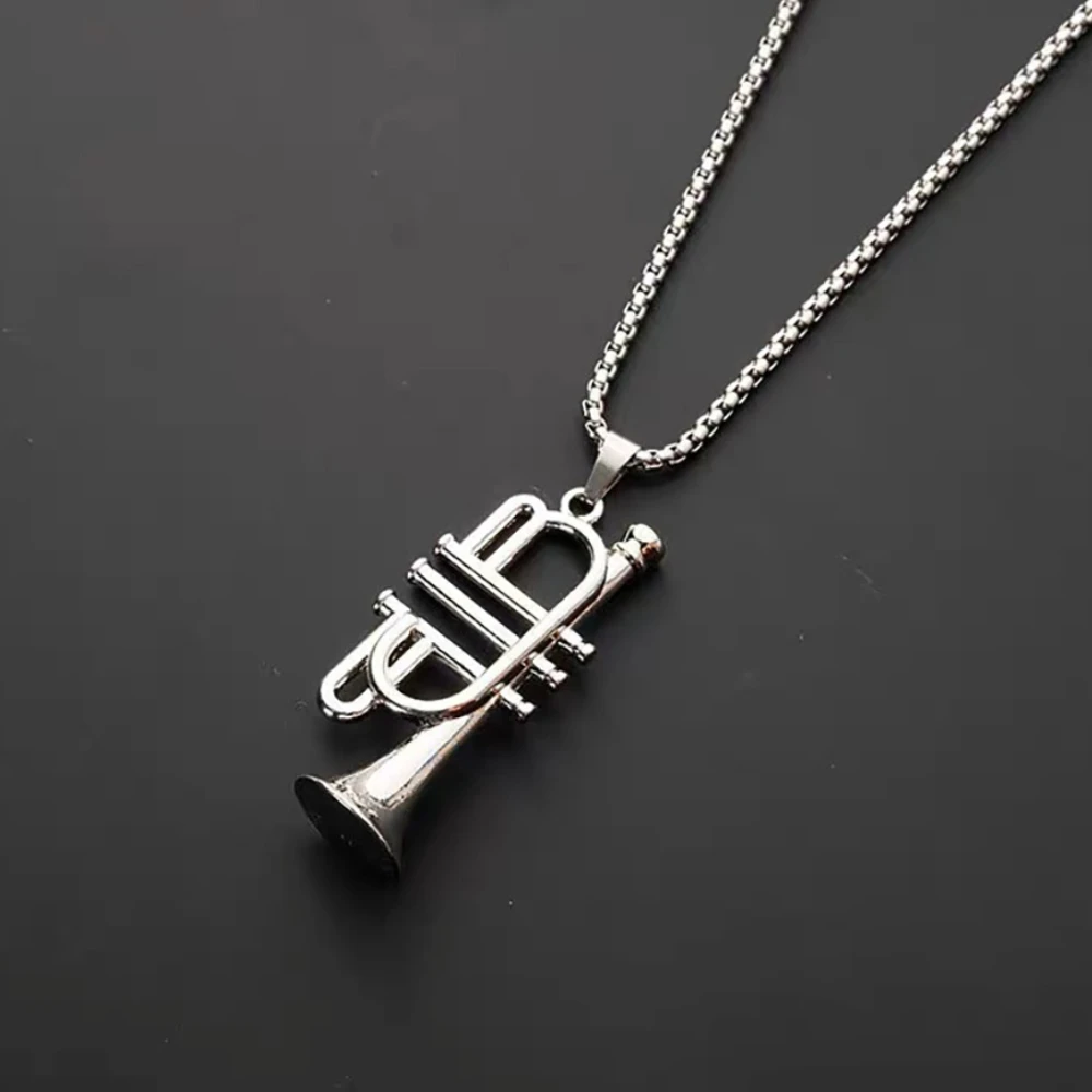 Hip Hop Trumpet Pendant Necklace Alloy Silvery Instrument Shape Necklaces Long Chain Chokers Women Men Rock Band Jewelry Gifts