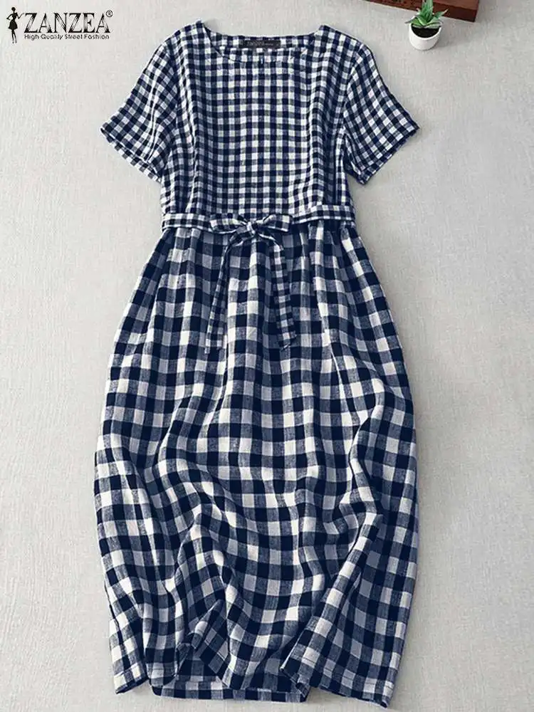 

ZANZEA Summer Check Belted Dress Women Round Neck Loose Vestidos 2024 Korean Casual Short Sleeve Robe Holiday Baggy Midi Dresses