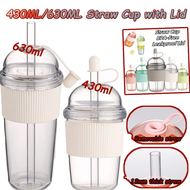 Taza con pajita de 430ML/630ML con tapa, taza portátil de gran capacidad para café, té de la leche, taza de agua estilo Ins para trabajadores de oficina, taza de jugo