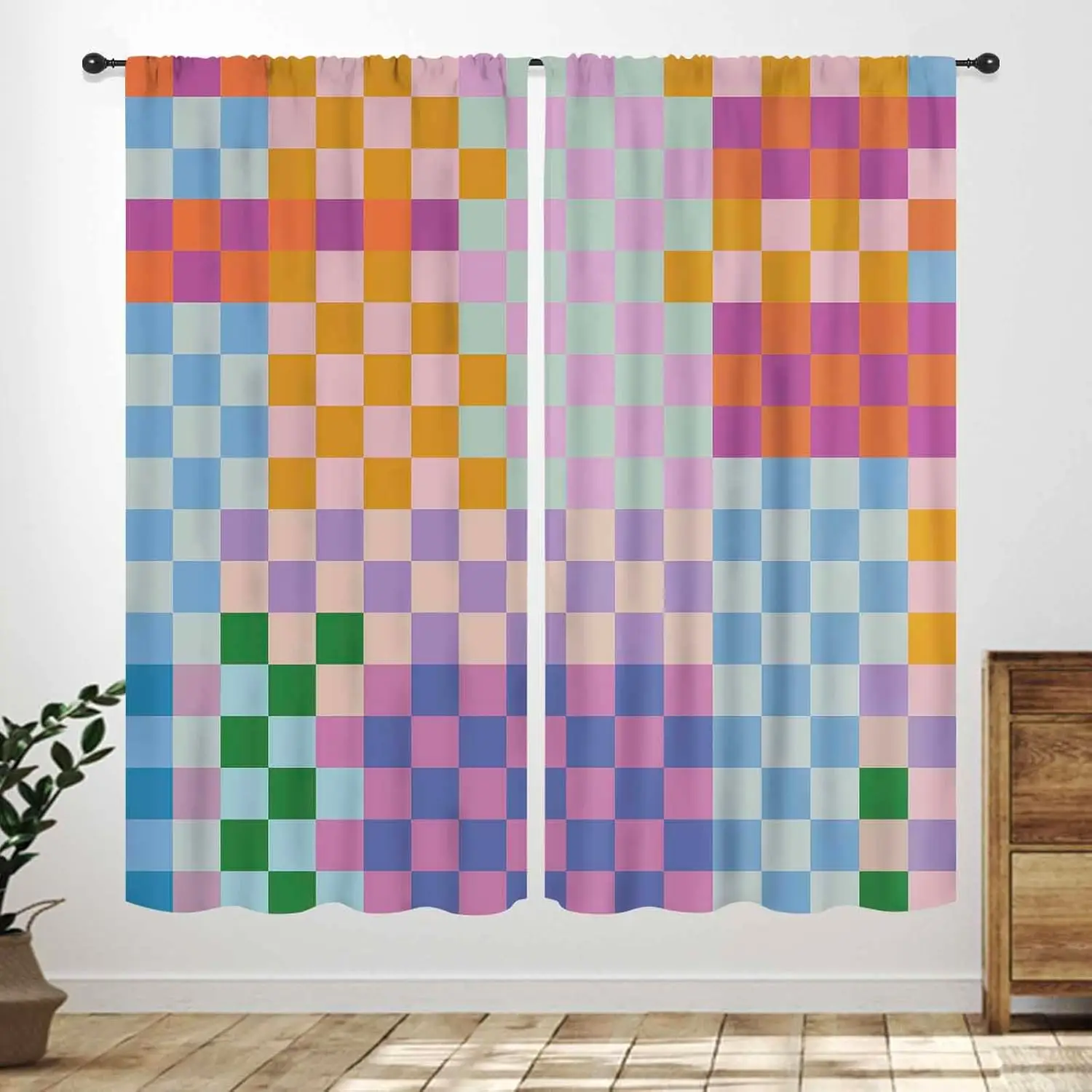 Retro Colorful Checkered Curtains,Multicolor Checkerboard Retro Cute Geometry Aesthetic Funky Groovy Window Treatments Bedroom