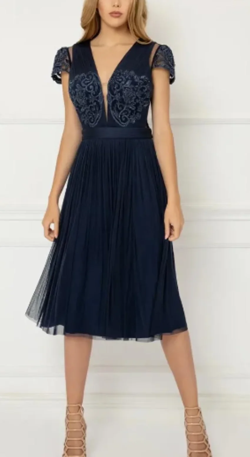 Occasion Formal Party Wedding Summer Navy Short Sleeve Lace Beaded V Neck Knee Length Mother of the Bride Dress