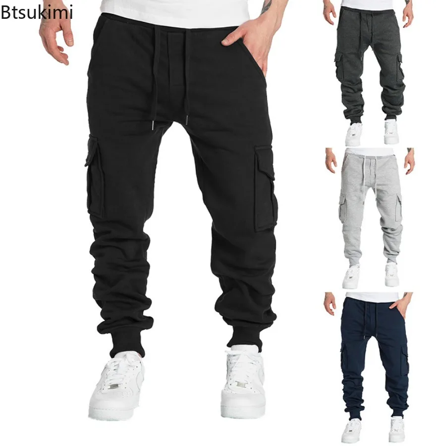 

New Men's Sweatpants Solid Casual Joggers Streetwear Autumn Winter Fleece Trousers Men Multi-pocket Loose Drawstring Cargo Pants