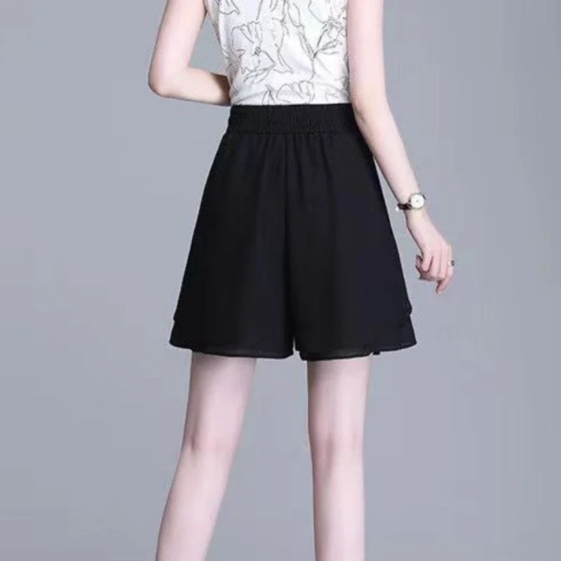 여성용 배기 스커트 팬츠 하이웨이스트 숏 쉬폰 블랙 루즈 큐롯 팬츠 야외 활동복 2000년대 스타일 Y2K 캐주얼