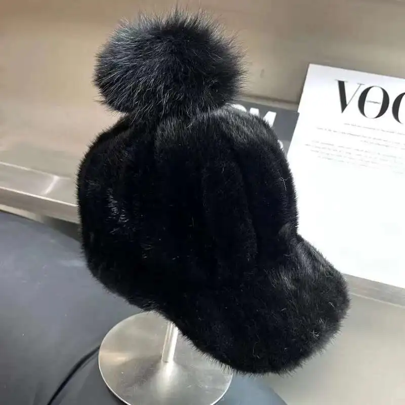 Real Mink Fur Hat Winter For Women Casual Duckbill Hat With Fox Fur Ball Fashion Knit Knight Hat Thick Real Fur Baseball Hats