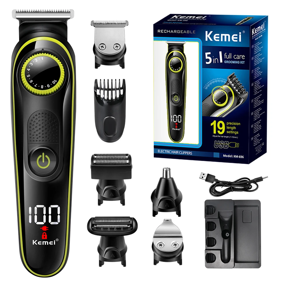 Kemei 5 in 1 LCD Electric Shaver For Long Beard Electric Razor Multifunctional USB Rechargeable Nose Hair Cut Machine