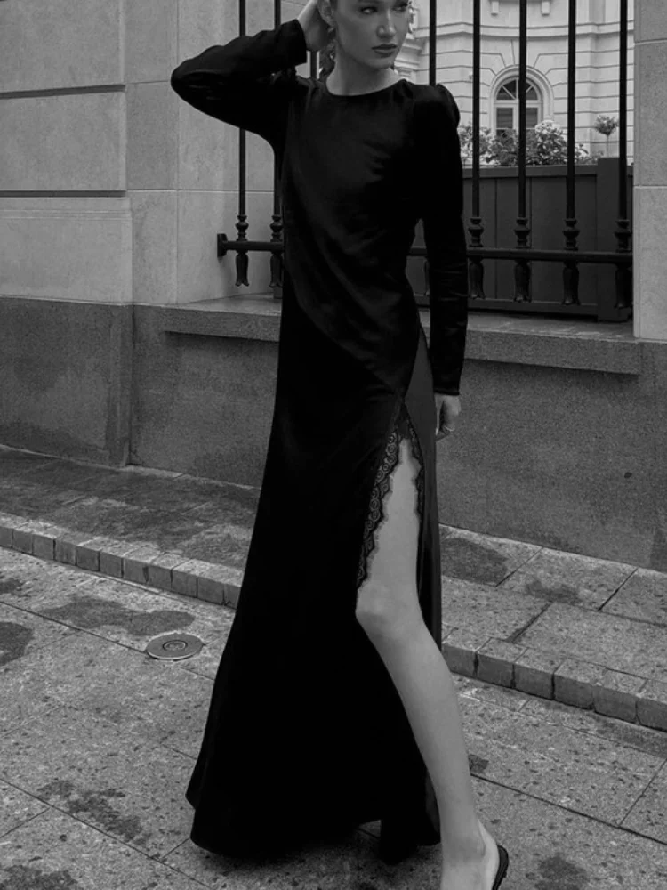 

Черное длинное платье макси с высоким разрезом, круглым вырезом, длинными рукавами, кружевными вставками, элегантное повседневное женское платье в стиле High Street