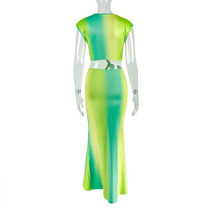 Elegante LADY sfumatura di colore tagliato vestito 2025 donne di estate senza maniche scollo a V aderente fasciatura sexy club party maxi abiti