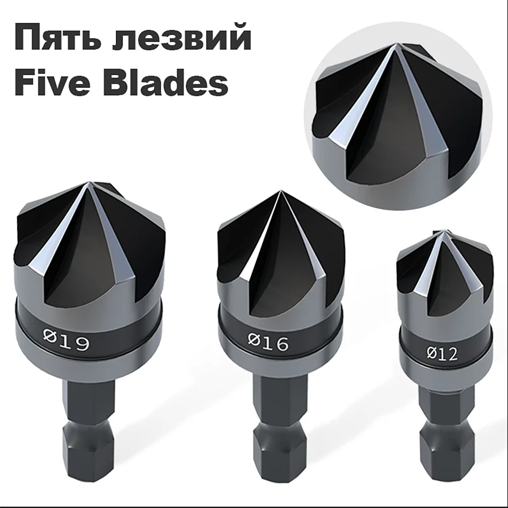 3PC Hexagonal Shank 90 Degree Black Five Blade Chamferer 12/16/19mm Countersink Drill Woodworking Hole Opener Tool Set