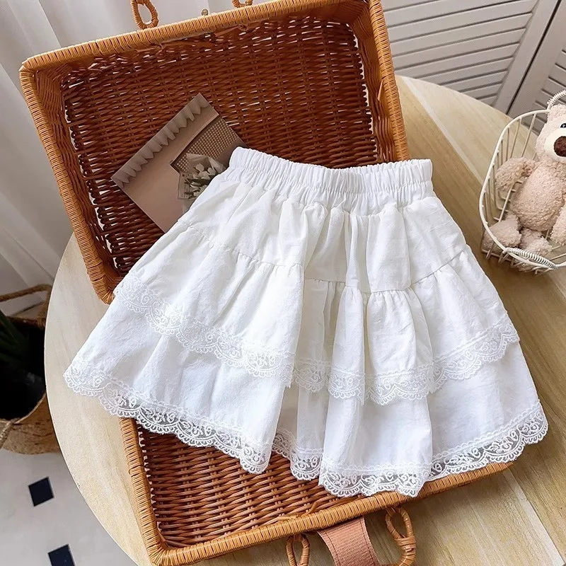 

Girls' Skirt 2025 Summer New Children's White Short Skirts with Safety Pants Lace Cake pleated Skirt for Baby Kids Clothing