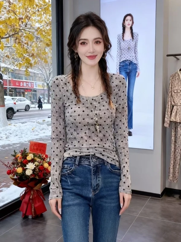 

Ретро-футболка в цветной полоску в горошек, приталенная, с длинным рукавом, женская базовая модель, весна 2026, новинка, большие размеры, для полных женщин, топ