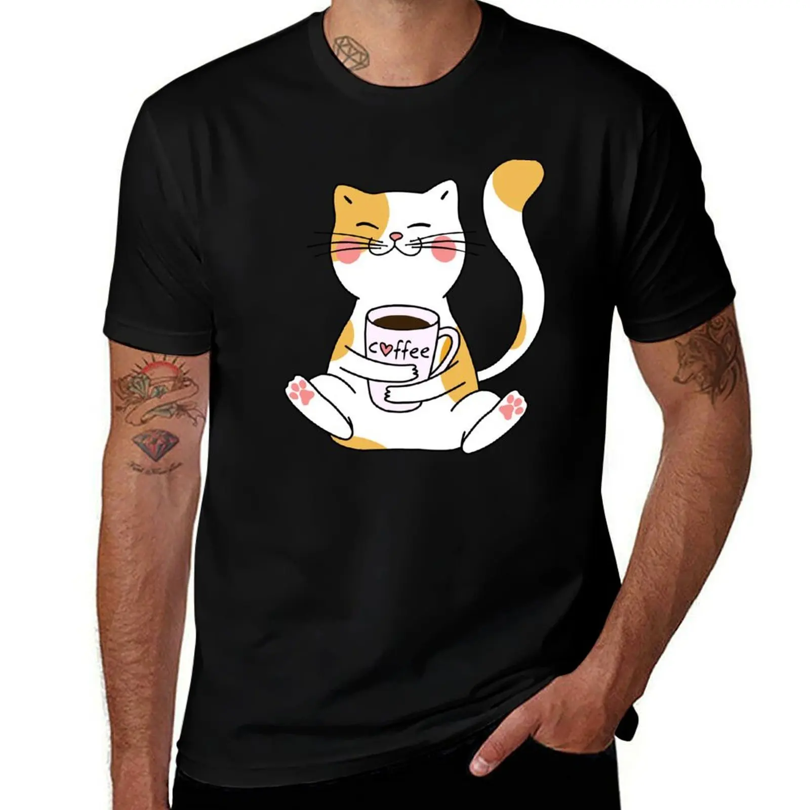 

Cat and Coffee T-Shirt man tshirt cotton t shirts man 100% T-Shirt