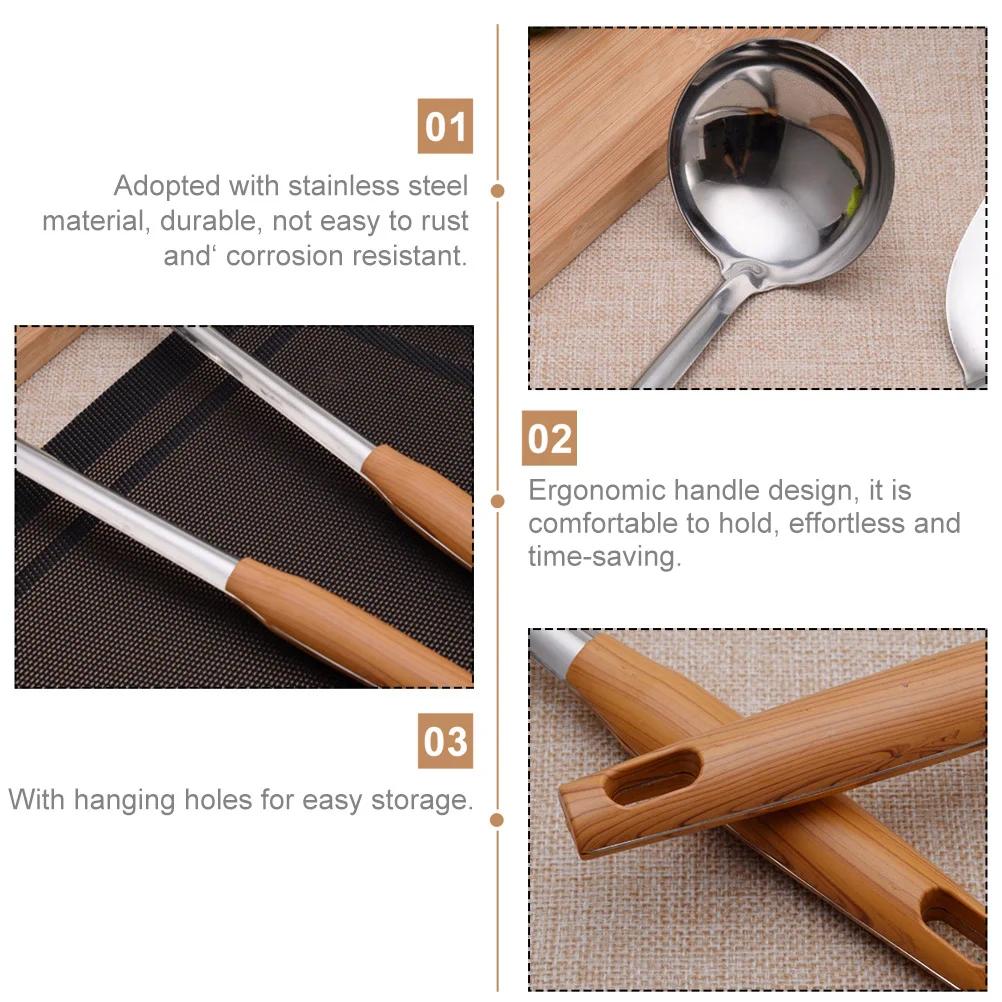

Long H Grain Stainless Steel Soup Spoon Kitchen Tool Easy Clean Smooth Edge Protect Pan Storage Home Restaurant