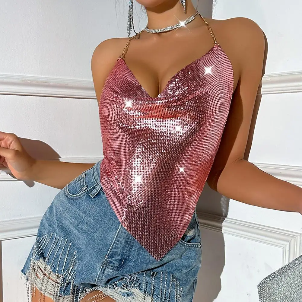 Backless Blouse Sequin Halter Sling Top with Metal Chain Laces Backless Swing Collar Camisole Women's Sexy Vest Swing Collar