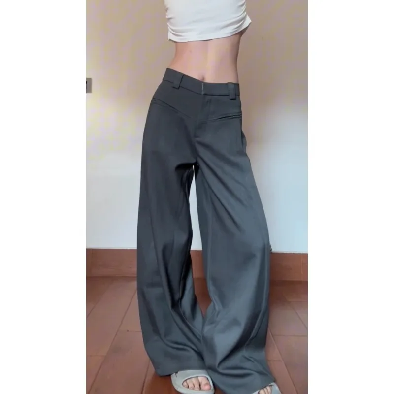 Women Suit Pants 2025 Spring Autumn New Grey Dress Slacks High Waisted Wide Leg Plus Size Drapey Lazy Vibe Floor Length Pants
