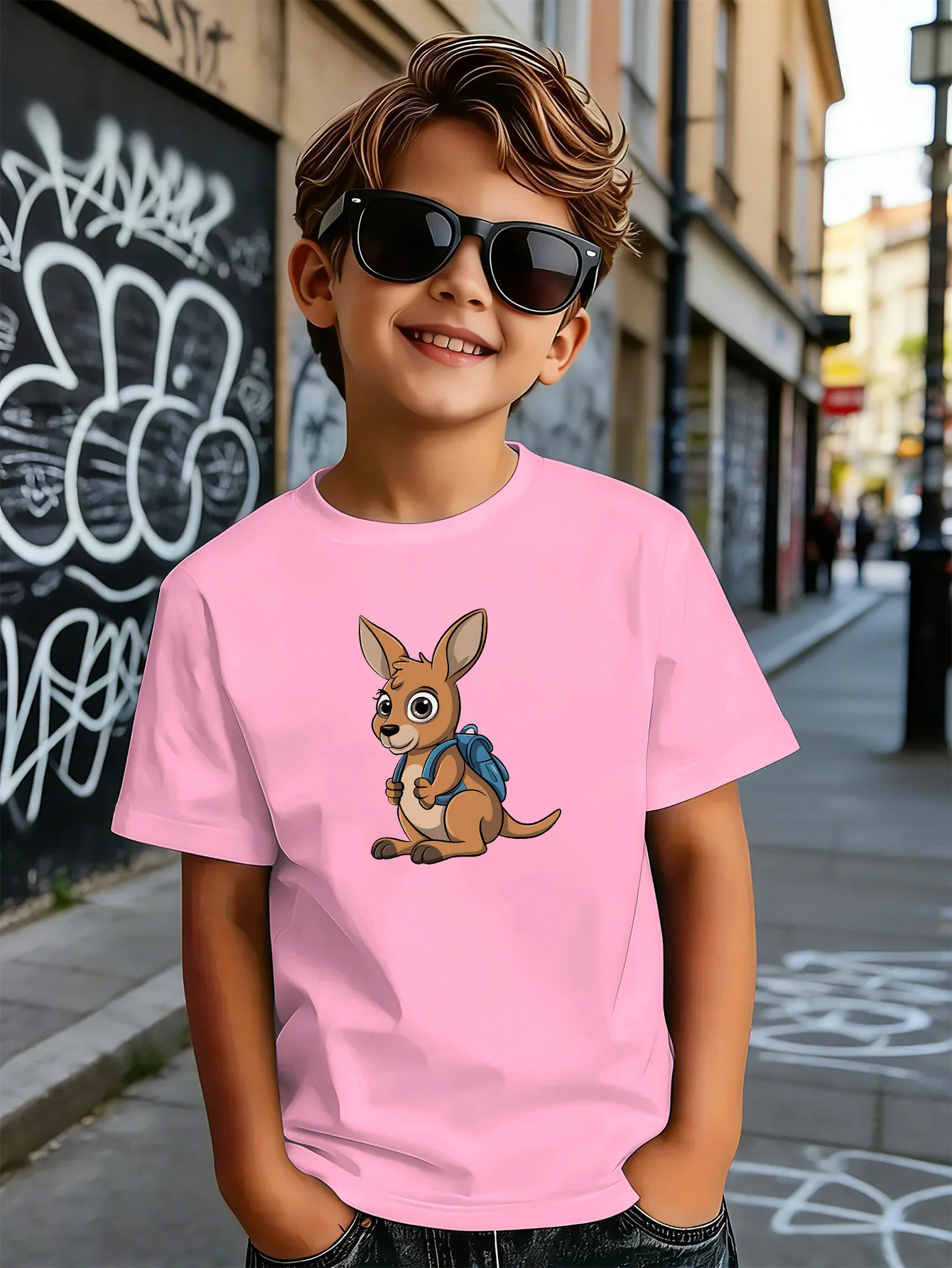 Cute Backpack Kangaroo Cartoon Print Kids T Shirt Boys Girls Short Sleeve Cotton Family Matching Toddler Daily Casual Tops