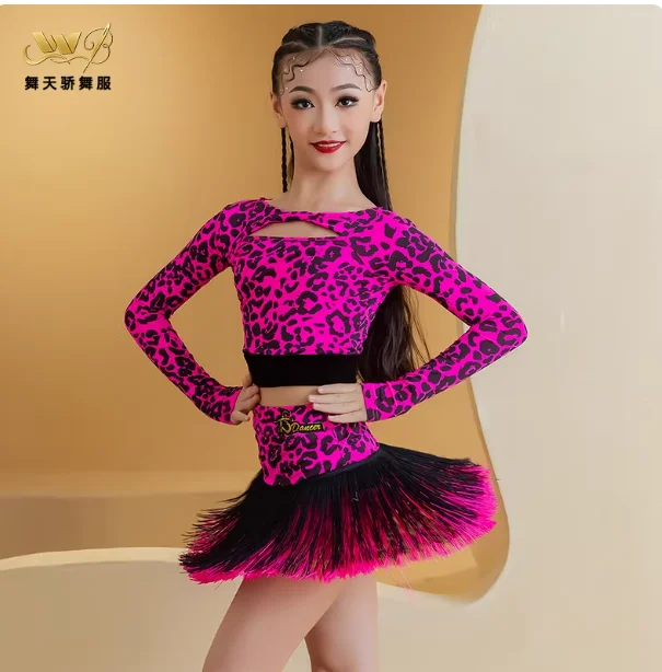 

Neon Pink Leopard Latin Dance Dress Girls Cha Cha Rumba Samba Dance Performance Costume Competition Clothes Fringe Dress BL13636