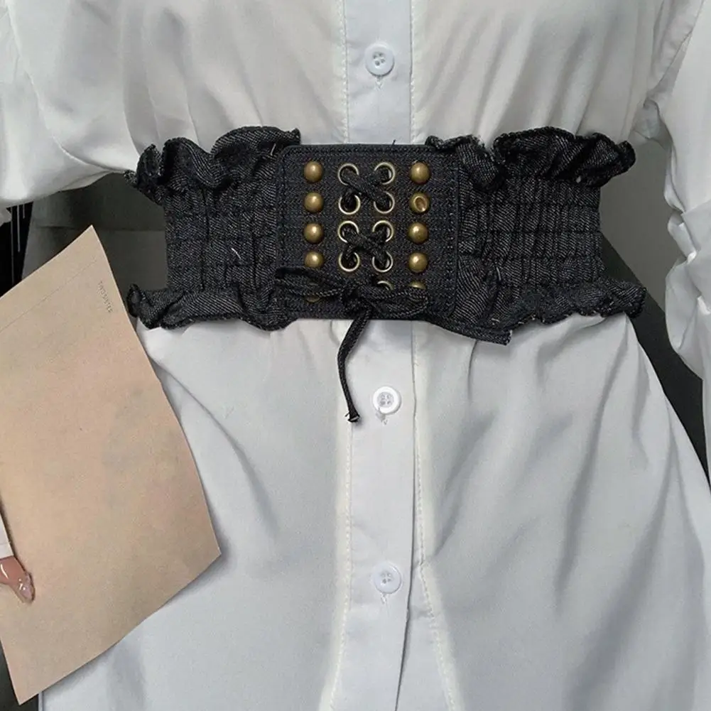 เข็มขัดเอวแบบกว้างสไตล์พังก์ เข็มขัดยีนส์ยืดหยุ่นสำหรับผู้หญิง เข็มขัดกระโปรงทรงคอร์เซ็ทแบบกว้าง ผ้าสไตล์เรโทร แมทช์ได้กับทุกชุด