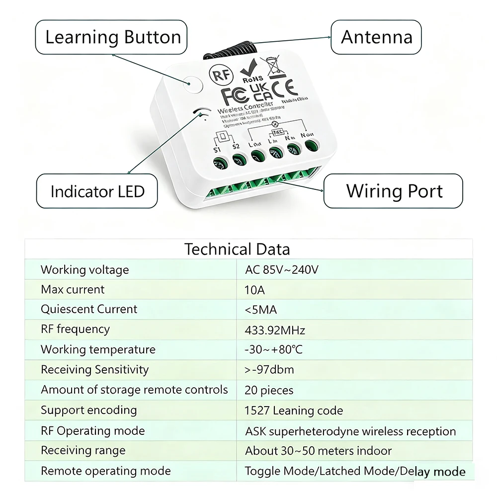 Saklar lampu kendali jarak jauh nirkabel RF433 smart home relay AC110V 220V kontrol 2 arah dengan fungsi penundaan untuk lampu kipas angin