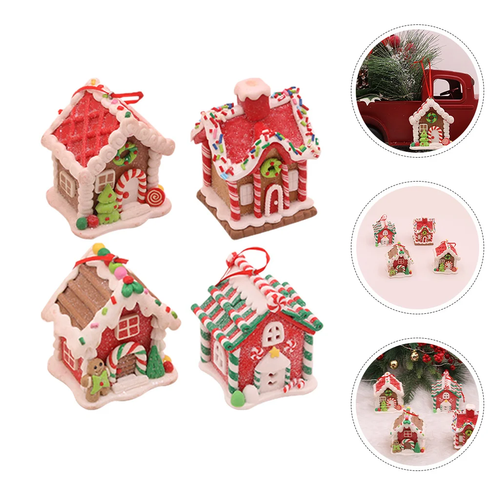 

4 Pcs Gingerbread Tree Decorations Decorated Mini Houses Christmas Hanging Ornament Outdoor